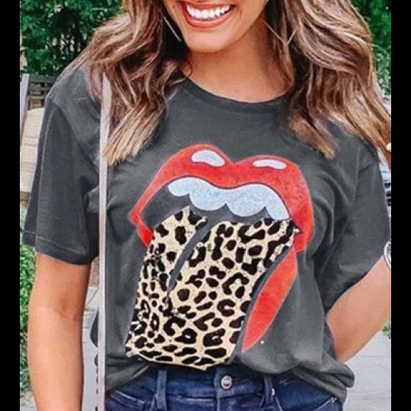Dark Grey 👄 Animal Print leopard 🐆 Tongues 👅 Rolling Stones 💯 Cotton T-Shirt - Picture 4 of 4